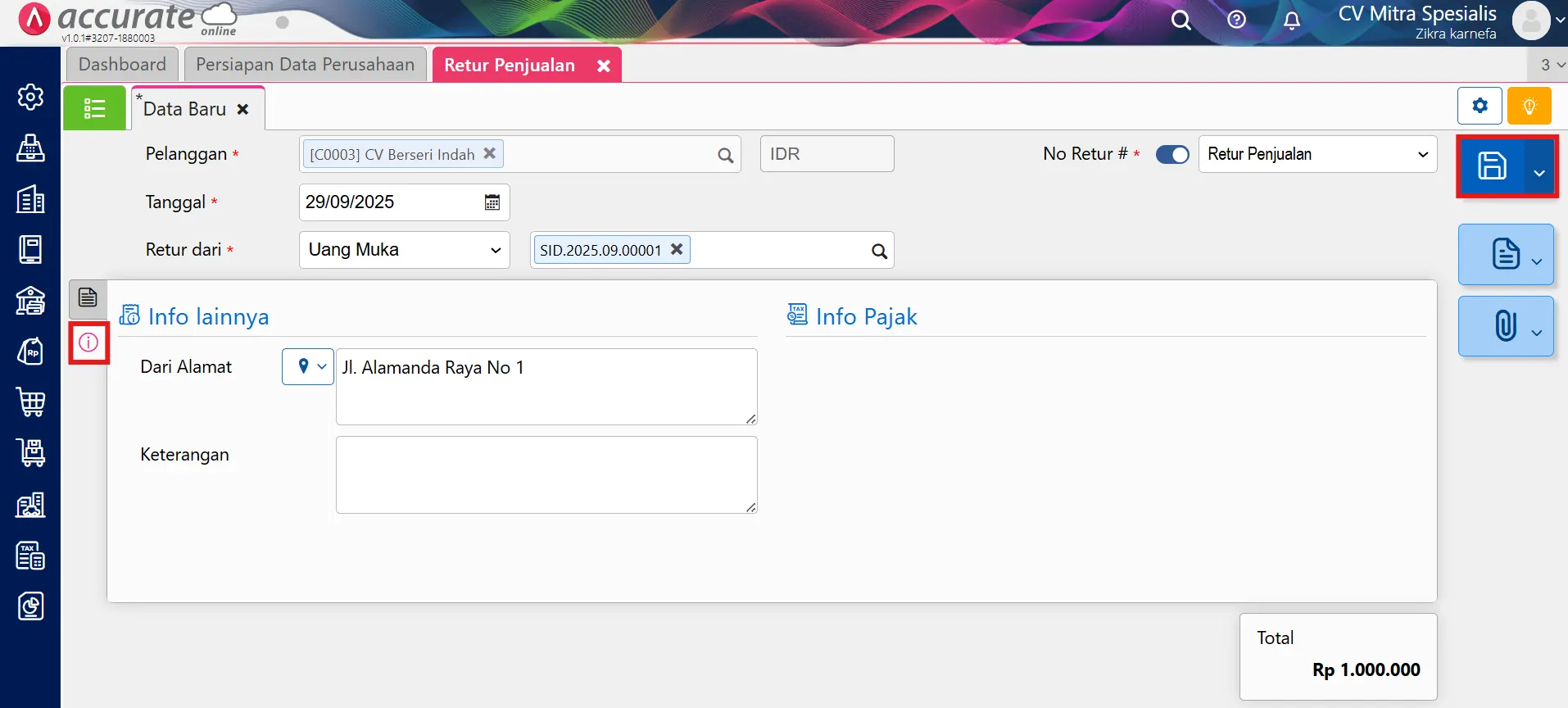 Cara retur penjualan untuk uang muka